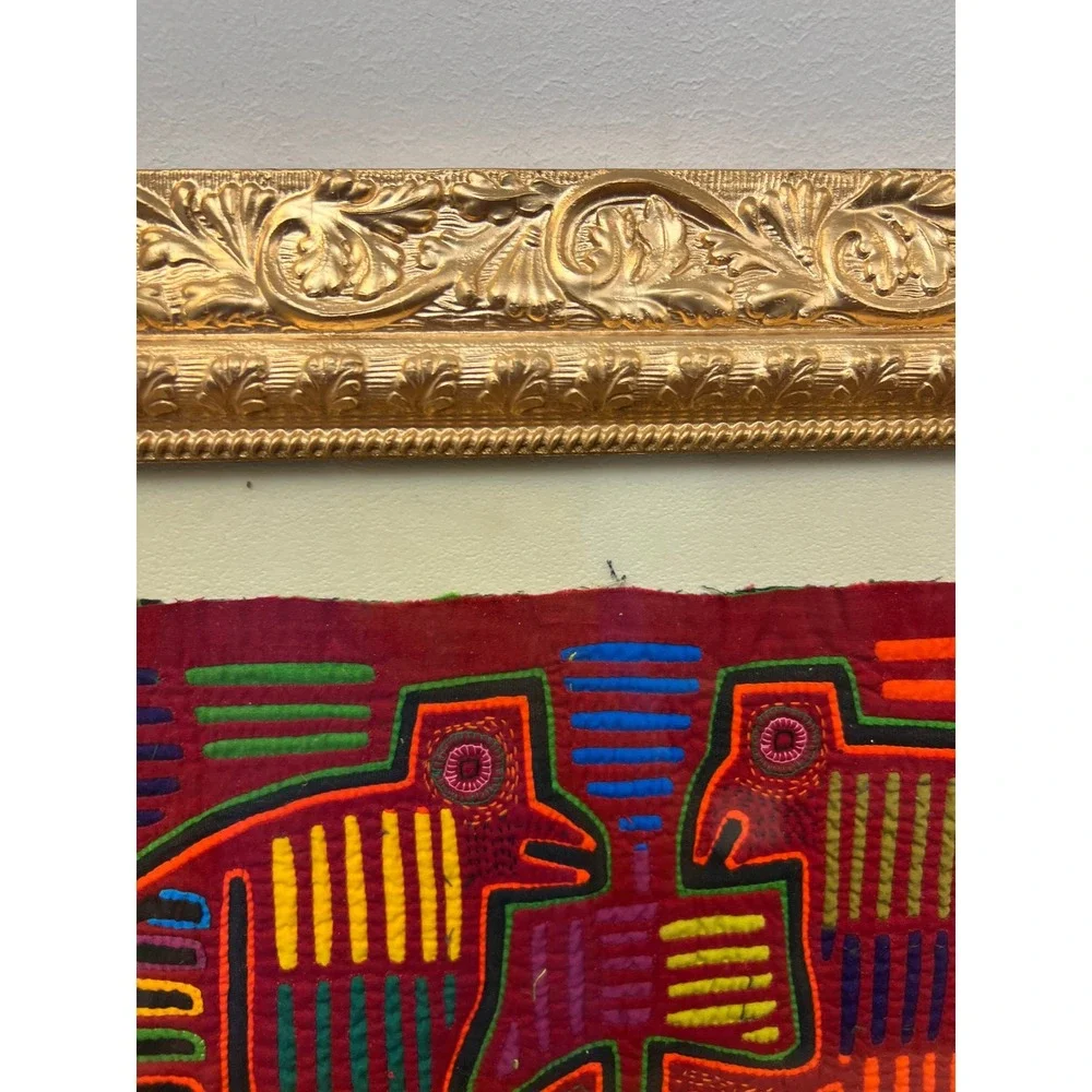 Vintage Cloth Tapestry Ornate Gold Gilt Framed Mola Kuna Textile Panama Folk Art